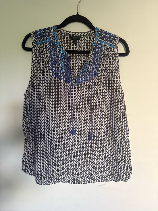 J. Crew Tops - J.Crew Embroidered Printed Sleeveless V-Neck Tank Blue & White | Size 12